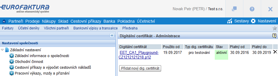 Digitální certifikát - Administrace